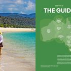 Links steht "THE GUIDE". Rechts: "AUSTRALIA THE GUIDE" mit einer Karte Australiens. Darunter verschiedene Reiseziele.