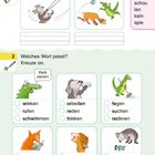 Überschrift: Silben. Aufgaben zur Wortfindung mit Illustrationen von Tieren beim Spielen und Arbeiten.