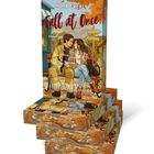 „Fall at Once“ von Nora Everly. Illustration eines Paares, das auf einer Bank sitzt, Herbstfarben, eine schwarze Katze.