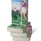 "CLEAN POINT", "Meg Jones", "everlove", "Roman". Eine Illustration: Frau mit Tennisschläger, Mann am Netz, Tennisplatz.