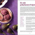 Eis mit gebackenen Feigen. Zutaten: Feigen, Kumquat, Zucker, Mandeldrink. Rezept und Bild von Feigen, Eis und lila Tuch.