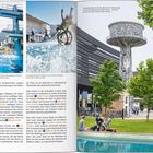 Text beschreibt den urbanen Charme Bozens, Sport, Entspannung und das Mahnmal gegen Faschismus. Links Sprungturm, rechts Wasserturm.