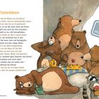 Winterbären. Datum: 10. Dezember. Fünf Bären in einer Höhle, einer schläft, andere trinken Tee, brettspielen, waschen Kleidung.