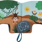 Illustration eines Dschungels mit Affe, Geiern, Sonne, Bäumen und einem kleinen Elefanten.