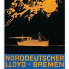 Oben steht „Nach Indien China Japan“. Darunter ein Schiff, ein Ast mit Blüten und ein großer gelber Mond. Darunter "Norddeutscher Lloyd Bremen" in großen Buchstaben.