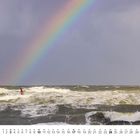 Kalenderseite unten mit Zahlen 1 bis 31. Oben: Ein Surfer auf stürmischer See unter einem Regenbogen.