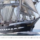 Text: "BELEM". Ein großes Segelschiff mit vollen weißen Segeln auf dem Meer. Unten ein Kalender für Oktober.