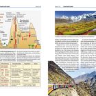 **Aus der Wüste zum ewigen Eis**

Illustration:
Ein Höhenprofil der Anden zeigt verschiedene Vegetationszonen von der Küste bis zu schneebedeckten Gipfeln. Links: Ein roter Zug schlängelt sich durch eine bergige Landschaft. Oben rechts: Schneebedeckte Berge mit saftigem Grün im Vordergrund. Text erklärt die Region und ihre klimatischen Besonderheiten.