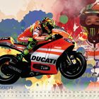 Text "Oktober" und ein Kalender. Illustration eines Motorradfahrers in buntem Rennanzug auf einer Ducati.