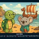 Kalender für Juni 2026. Illustration: Schildkröte und Koala am Strand mit einem Wikingerschiff im Hintergrund.