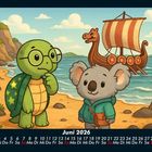 Juni 2026 Kalender. Illustration: Schildkröte und Koala am Strand, Wikingerboot im Hintergrund.