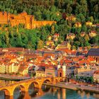 Stadtansicht mit rotem Dachmeer, Heidelberg-Schloss auf grünem Hügel, alte Brücke über Fluss, sonnendurchflutet.