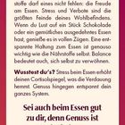 Text auf beigem Hintergrund mit rot: Wichtigkeit der Freude am Essen und Stressvermeidung. Zitate und Tipps zur Entspannung.