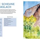 „KLEINE SCHEUNE IN HASLACH“ in großen Buchstaben. Rechts eine Aquarellillustration einer Scheune neben Bäumen.