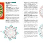 Text: "Michael, Erzengel-Serie, Schwierigkeitsgrad: ★★★, Farben: Garn A...", gefolgt von einer detaillierten Anleitung. 

Darstellung: Häkeldiagramme und ein quadratisches Häkelmuster in Orange, Grün und Rot.