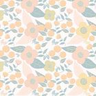Keine Texte erkennbar. Illustration eines floralen Musters mit pastellfarbenen Blumen, Blättern und Beeren.