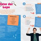 Text in der Mitte: "Unter der Lupe". Eine Anleitung zum Basteln einer Lupe aus Haushaltsmaterialien mit Erklärungen.