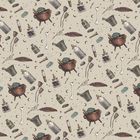 Illustration mit Zaubertrankkesseln, Dolchen, Knochen, Flaschen, Mörsern, Federn, Monden und Sternen auf beigem Hintergrund.