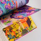 „Galaktische Weltraumfahrt“ und bunte Illustrationen einer ländlichen Szene mit Tieren und einer roten Scheune.