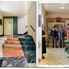 Links farbige Treppe und Tür, rechts Menschen in Wohnraum mit Bücherregal und Pflanze.