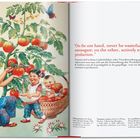 „On the one hand, never be wasteful or extravagant; on the other, actively expand production.“ Illustration: Familie erntet Tomaten.
