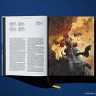 Linke Seite: Text über narrative Kunst. Rechte Seite: Illustration eines roten Wesens mit Hörnern auf einem Dach, umgeben von Fledermäusen.
