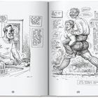 Illustration mit Textpassagen über Wut und Verlangen. Links ein Mann wäscht Geschirr; rechts eine Trageszene.