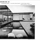 CASE STUDY HOUSE NO. 21 von Pierre Koenig, Architekt. Links moderne offene Architektur mit Wasserbecken und Terrasse. Rechts langer Text.