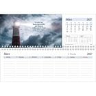 Text: "Er ist der Herr, dessen Weg in Wetter und Sturm ist; Wolken sind der Staub unter seinen Füßen. - Nahum 1,3b." Kalenderseite für März 2027 mit Leuchtturm.
