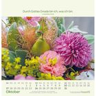 Durch Gottes Gnade bin ich, was ich bin. 1. Korinther 15,10. Oktoberkalender mit Blumenarrangement und Kalenderdaten.