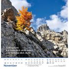 "Gott spricht: Ich lasse dich nicht fallen und verlasse dich nicht. Josua 1,5. November-Kalender mit Bergblick und orangefarbenem Baum."