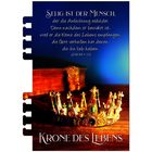 Text: "Selig ist der Mensch, der die Anfechtung erduldet... Krone des Lebens." Eine goldene Krone vor einem Buch.