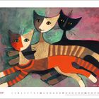 Text: Oktober, Zahlen 1 bis 31 markiert, einige hervorgehoben. 

Illustration: Drei stilisierte, bunte Katzen eng aneinander.