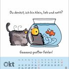 „Du denkst, ich bin klein, lieb und nett?“ steht über einer Katze vor einem Goldfischglas. „Gaaaanz großer Fehler!“ ist darunter.