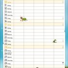 Kalender für Oktober, Wochentage und Daten in Spalten. Illustration: Katze in grüner Latzhose sitzt auf einem Ast.