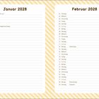 Kalender für Januar und Februar 2028 mit wichtigen Daten wie Neujahr und Valentinstag auf gelbem Streifenhintergrund.