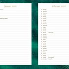 Kalender Januar und Februar 2028 mit Feiertagen: Neujahr, Heilige Drei Könige, Valentinstag, Rosenmontag, Fastnacht. Emerald Hintergrund.
