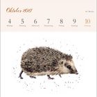 Oktober 2021 Kalenderwoche 40; Montag 4 bis Sonntag 10. Illustration eines Igel in der Mitte.