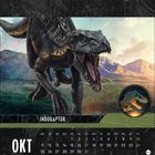 Text: "INDORAPTOR" und "OKT". Kalenderseite mit einem Dinosaurier in einer Landschaft und Dinosaurier-Logo.