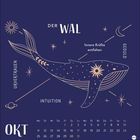 „Der Wal“, „Innere Kräfte entfalten“, „Urvertrauen“, „Intuition“, „Geduld“; Illustration eines Wals, Sternen und Mond. Oktober-Kalender.