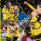 "Vorjahresabbildung", Oktober 2026, BVB 09-Logo. Fußballspieler in gelben Trikots feiern freudig auf dem Spielfeld.