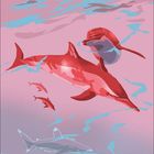 10, 01 bis 31 in weißen Ziffern. Illustration von Delfinen in rosa und blauen Tönen, darunter ein Hai.