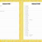 Links "Januar 2028", rechts "Februar 2028". Gelbe Streifen als Umrandung. Feiertage: Neujahr, Heilige Drei Könige, Valentinstag.