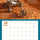 "Auf zum Mars". Rover auf Marsoberfläche mit Infos über dessen Funktion. Kalendermonat Oktober darunter. Illustration Marslandschaft.