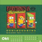 Oben: "Everything's an Experiment" und "Minions POV". Unten Kalenderübersicht für Oktober. Illustrationen von Minions mit Chemieflaschen.