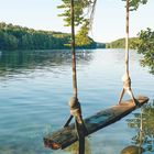 Holzschaukel über ruhigem See, umgeben von Wald. Blätter hängen herunter, Wasser spiegelt die Umgebung wider.