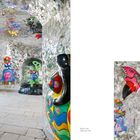 Links: "Blick in den Silbernen Saal". Rechts: "Delfin-Relief im Silbernen Saal". Farbenfrohe, spiegelnde Mosaikwände.