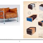 Links ein brauner Sessel mit blauem Gestell. Rechts eine Zeichnung mit Farbstudien für verschiedene Sessel.