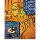 "MATISSE" unten rechts. Farbige Illustration mit Vasen, Melonen und einem Tisch auf gelbem und blauem Hintergrund.