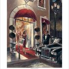 „207“ steht über einem Hoteleingang mit rotem Vordach. Eine Frau mit Hund tritt heraus, ein Chauffeur steht am Auto.